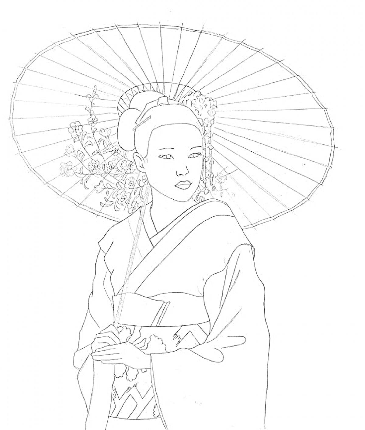 На раскраске изображено: Гейша, Цветы, Кимоно, Традиционная одежда, Искусство, Спокойствие