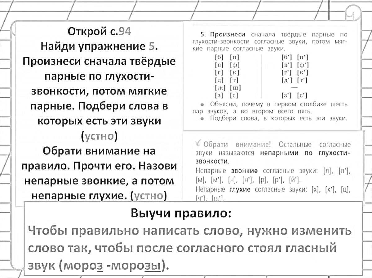 На раскраске изображено: Учебник, Русская грамматика, Твердые звуки, Мягкие звуки, Парные согласные, Начальная школа, Пунктуация