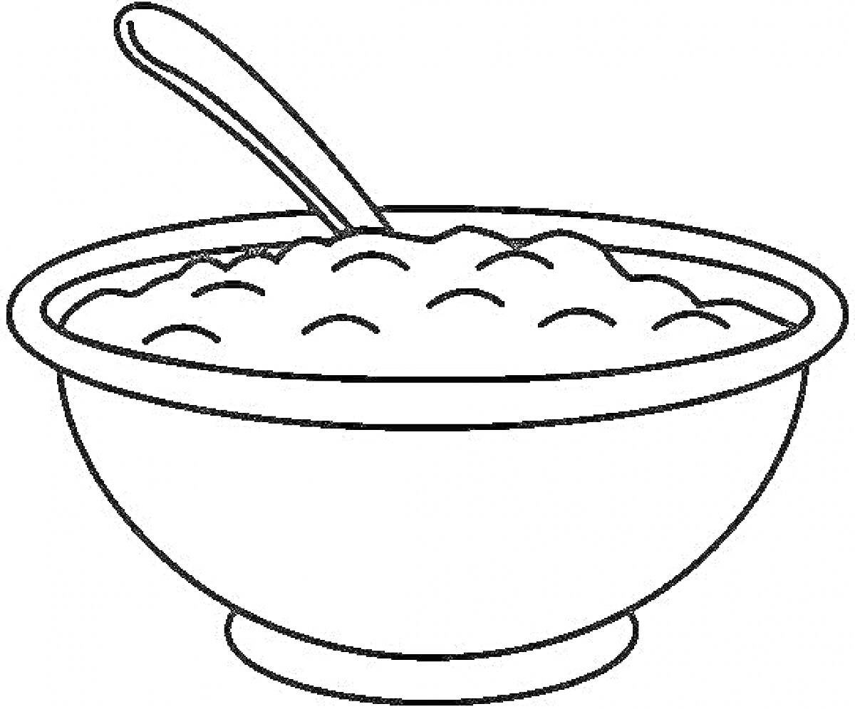 Раскраска Миска с кашей и ложкой