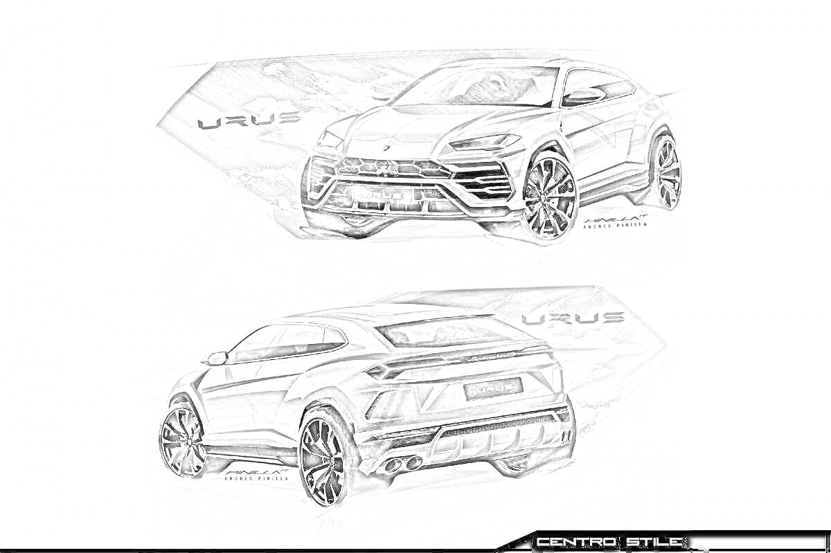 РаскраскаКонцепт-кар Urus с изображением спереди и сзади на фоне карты мира