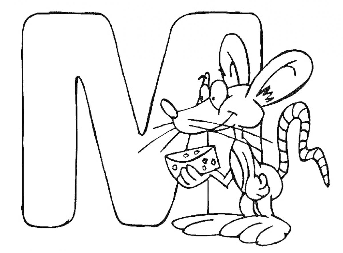 На раскраске изображено: Буква М, Мышь, Сыр, Алфавит, Грызуны