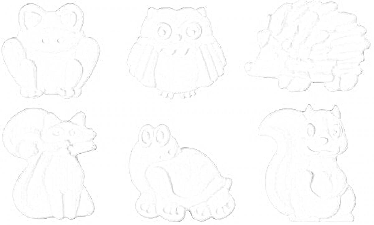 Раскраска Гипсовые фигурки: лягушка, сова, ёжик, лиса, черепаха, белка