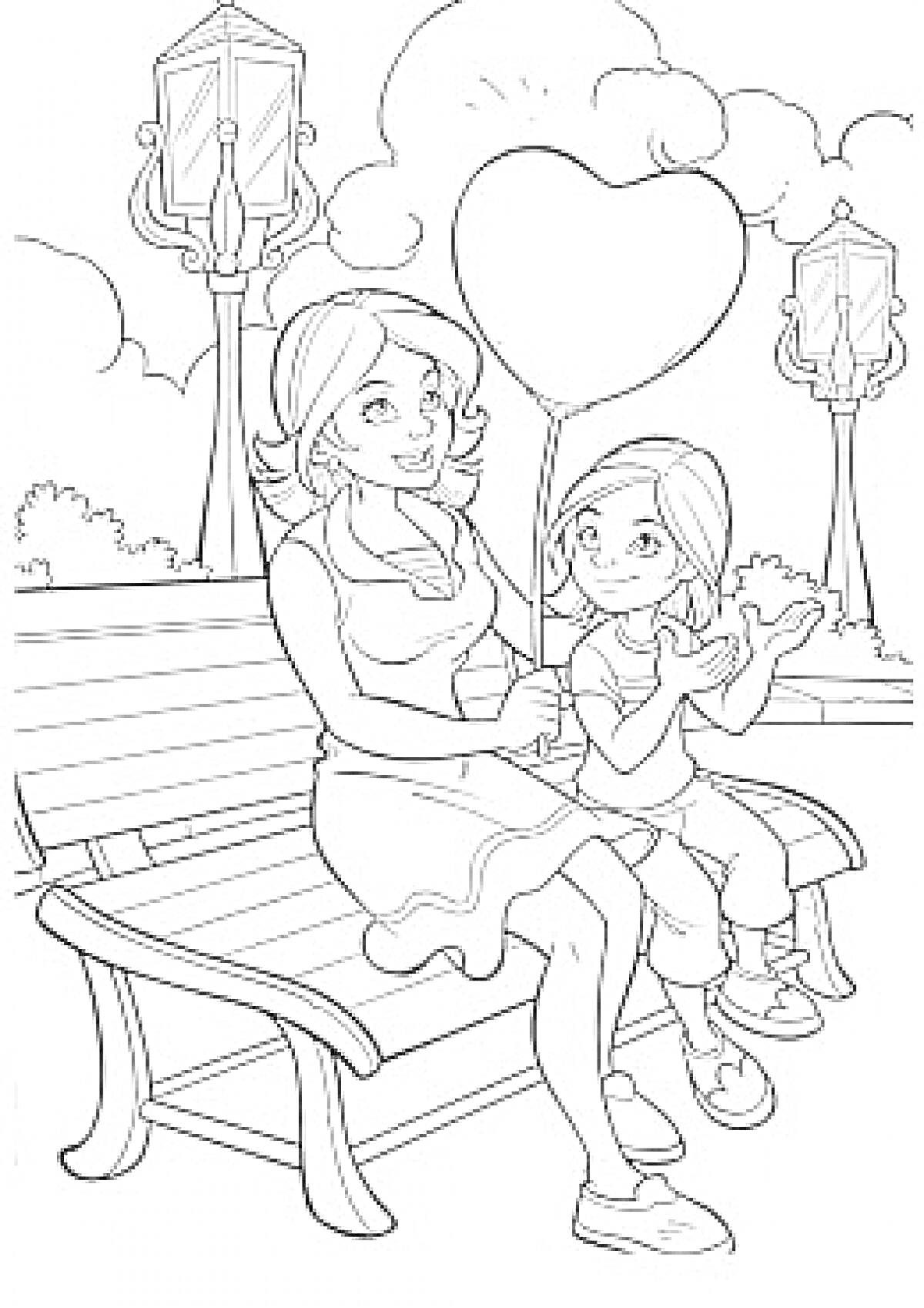 Раскраска Мама и дочка на скамейке с воздушным шаром в форме сердца