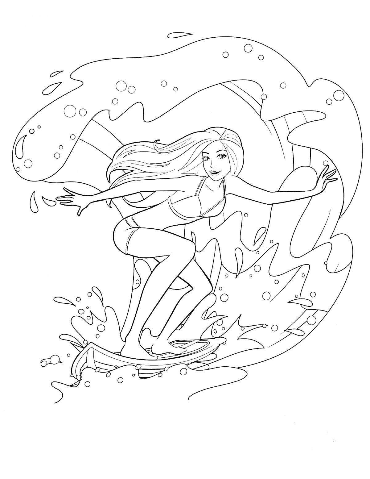 Раскраска Девочка на пляже, катающаяся на серфинге, с длинными волосами в купальнике и брызгами воды вокруг