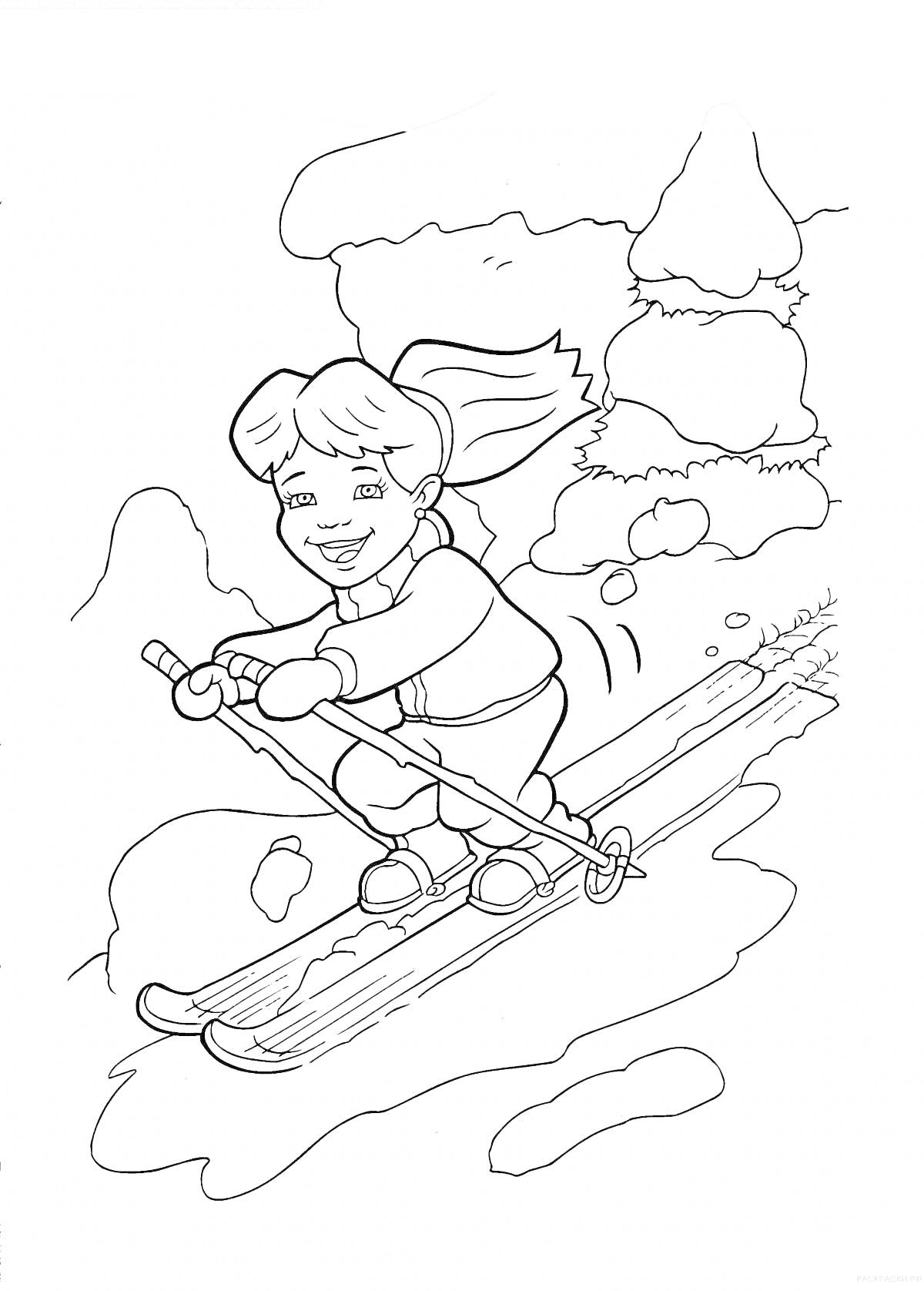 На раскраске изображено: Девочка, Лыжи, Катание на лыжах, Зима, Снег, Скалы, Спортивная форма, Лес
