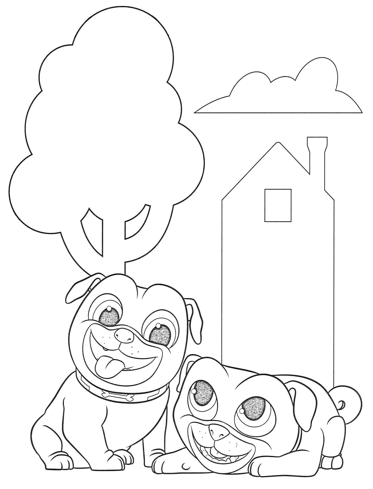 Раскраска Два дружных мопса на фоне дерева, дома и облака