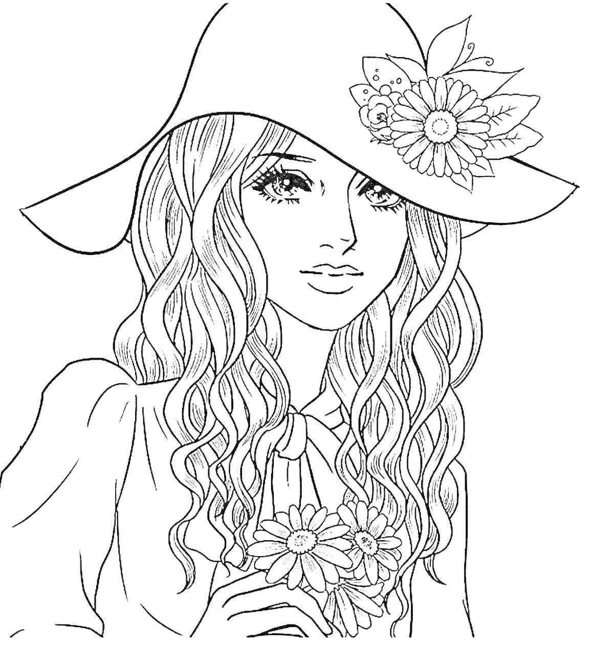 Раскраска Девочка в шляпе с цветами, держащая букет цветов