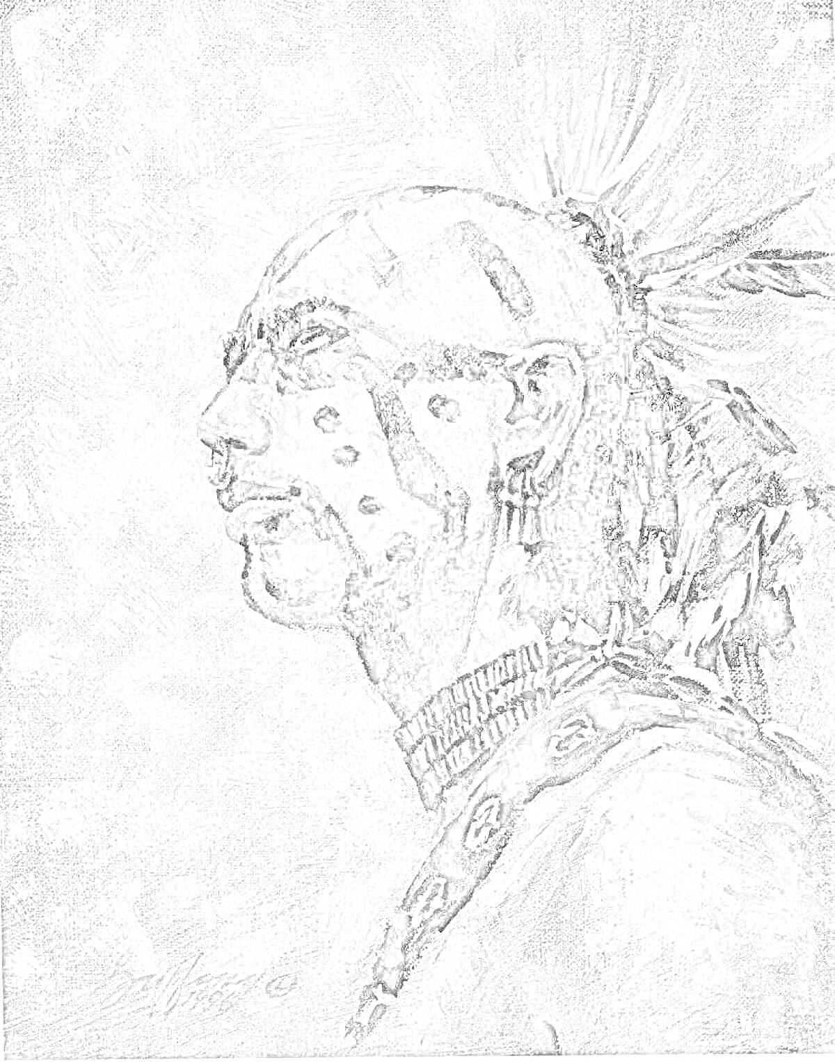 Раскраска Портрет индейца в боевом раскрасе, вид сбоку, с украшениями и перьями