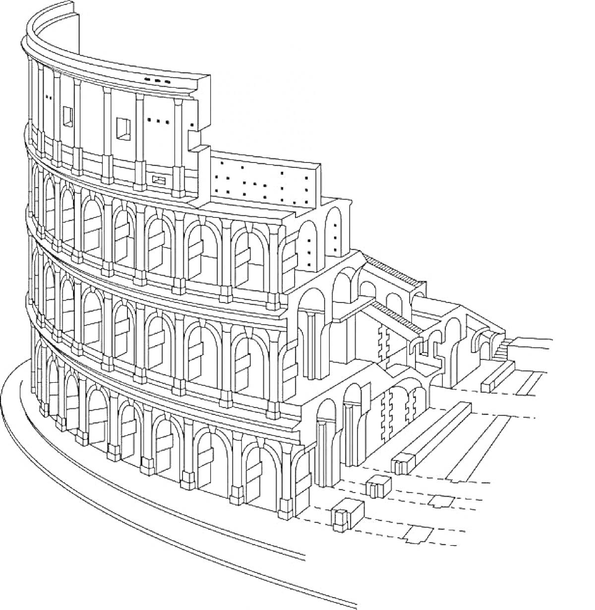 Раскраска Амфитеатр с арками, колоннами и лестницами, древний Рим