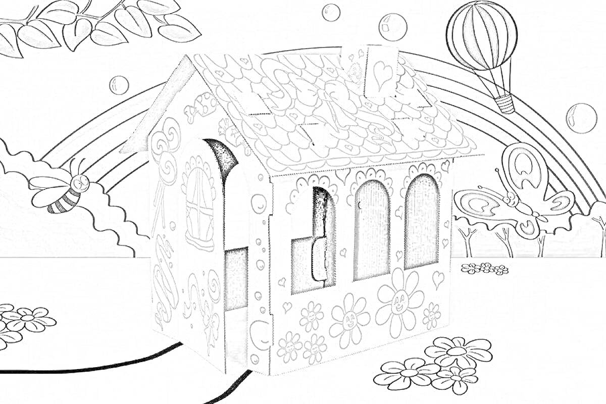 Раскраска Картонный домик с узорами из цветов, радуги, бабочек и воздушного шара на фоне