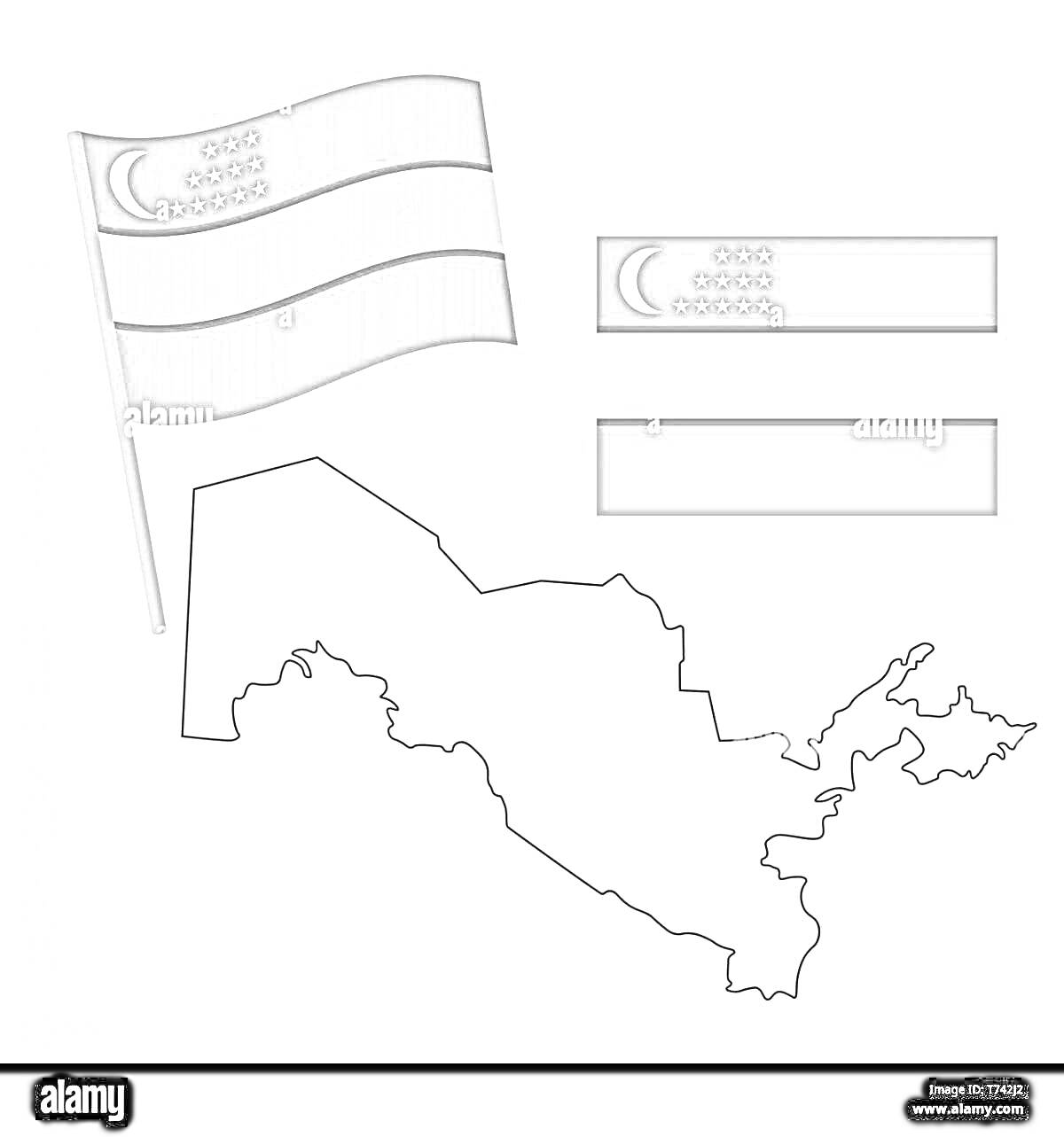 На раскраске изображено: Контурная карта, Узбекистан, Национальный флаг