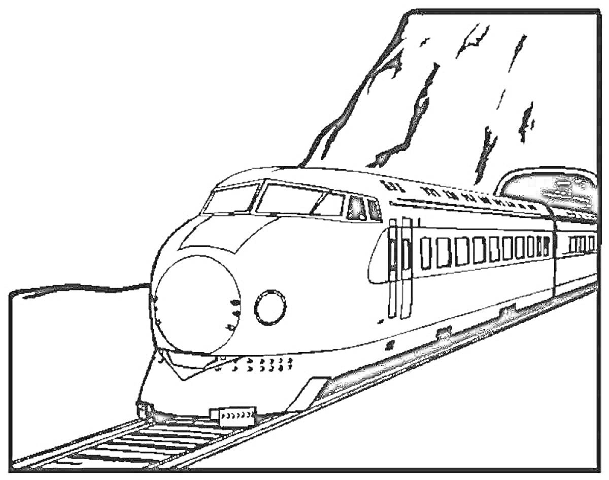 На раскраске изображено: Поезд, Тоннель, Железная дорога, Транспорт, Поездка, Пейзаж, Локомотив, Горы, Путешествия