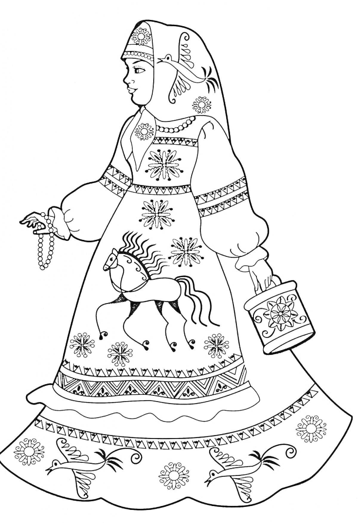 Раскраска Девочка в русском народном костюме с блестками, украшенным цветами, лошадью и узорами, держащая ведерко и ягодную кисть