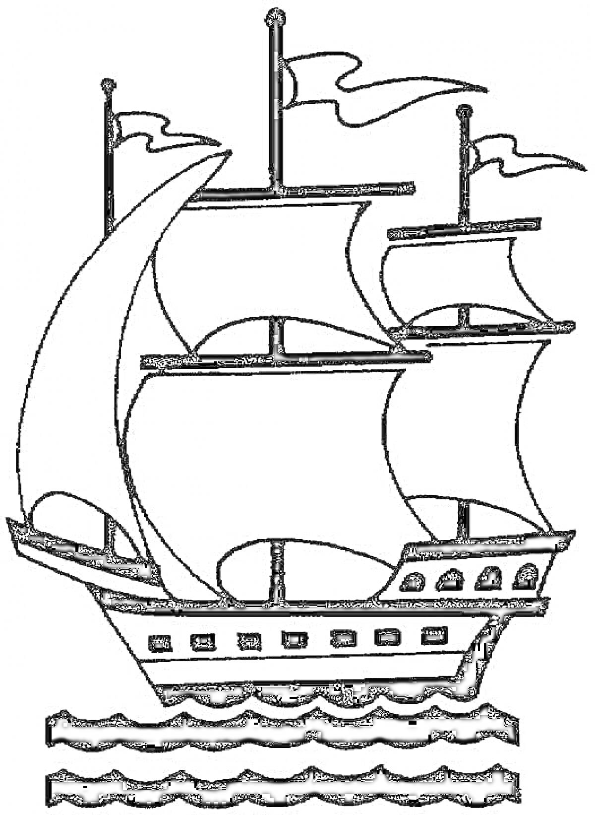 На раскраске изображено: Корабль, Петр Первый, Море, Волны, Паруса