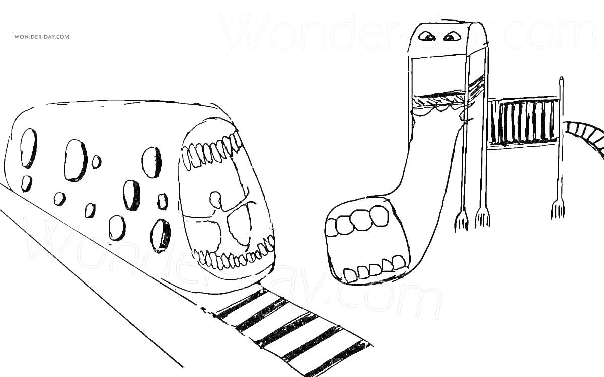 Раскраска Поезд с зубастой пастью на рельсах и сущность с челюстями около горки