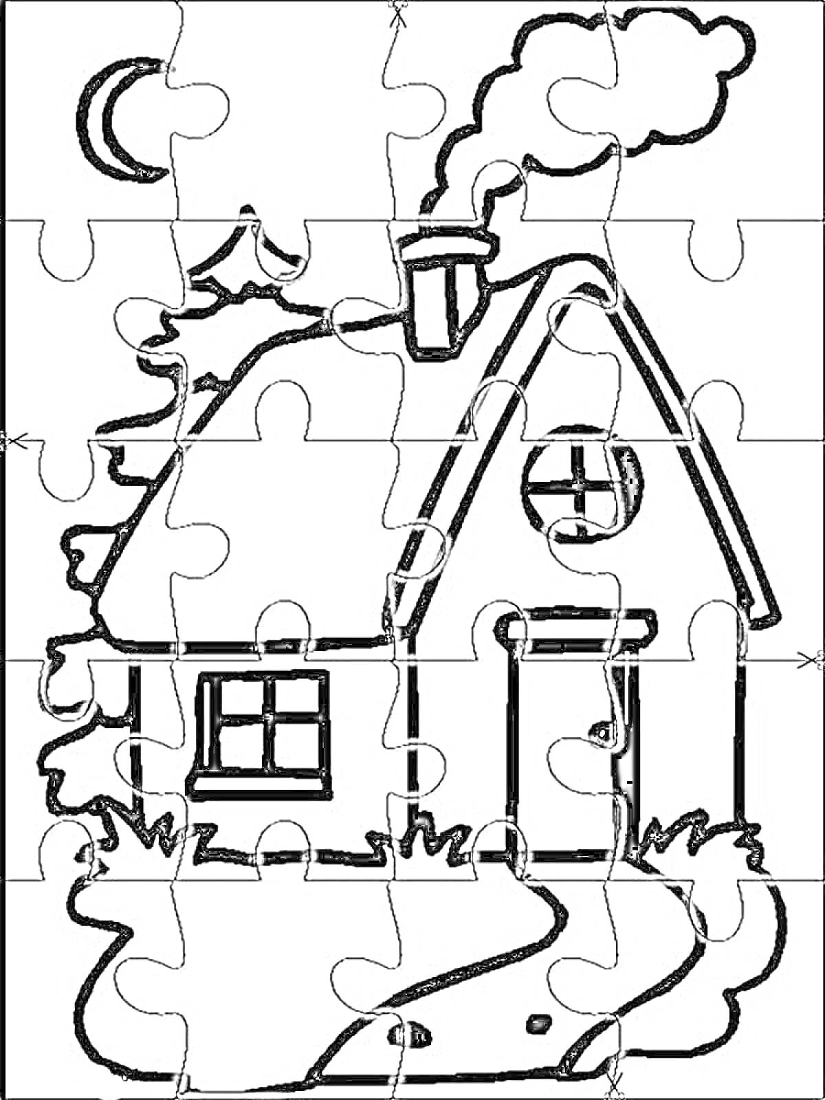 На раскраске изображено: Дом, Труба, Кусты, Дверь, Луна, Пазл, Окна, Деревья