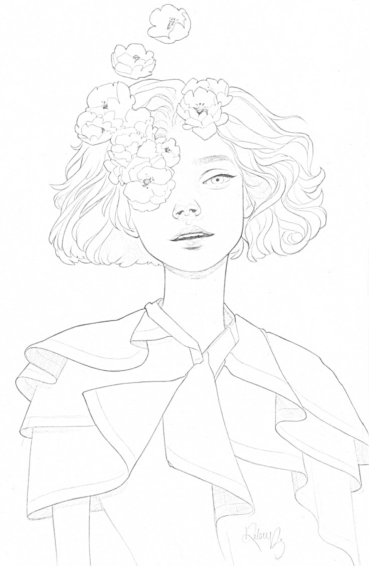 Раскраска Портрет девушки с волнистыми волосами и цветами в волосах