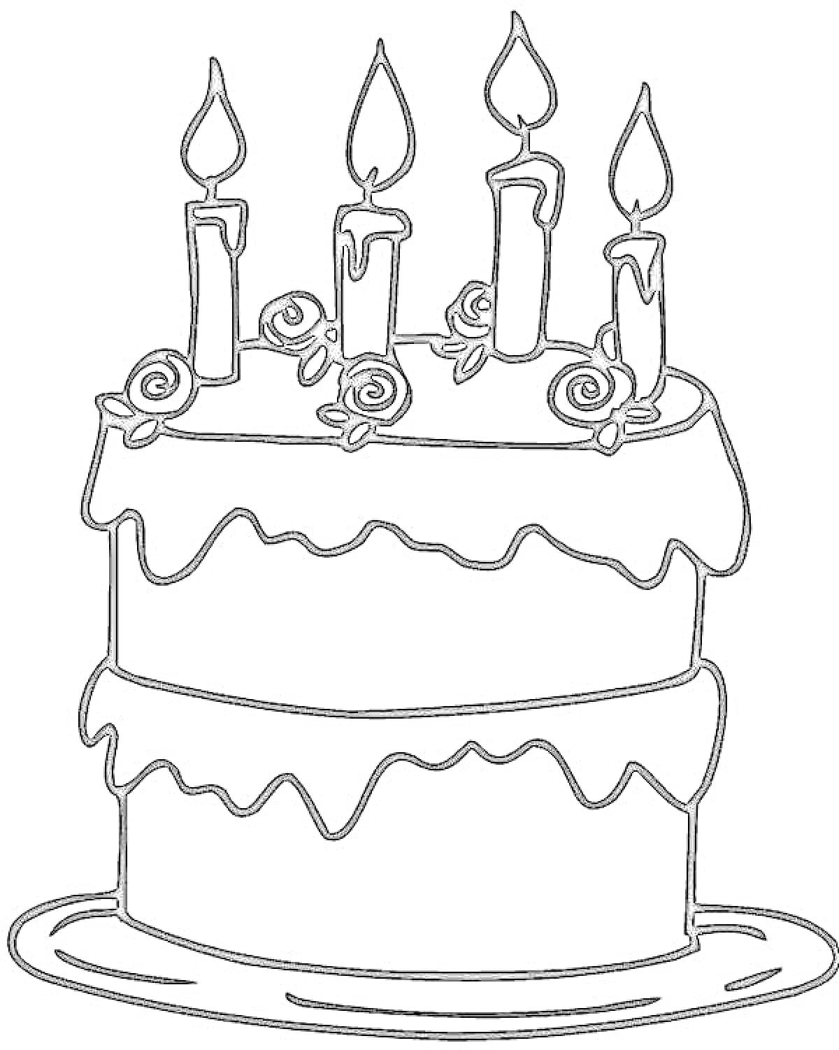 На раскраске изображено: Торт, Свечи, Розы, Тарелка, Праздничный торт, Кондитерские изделия