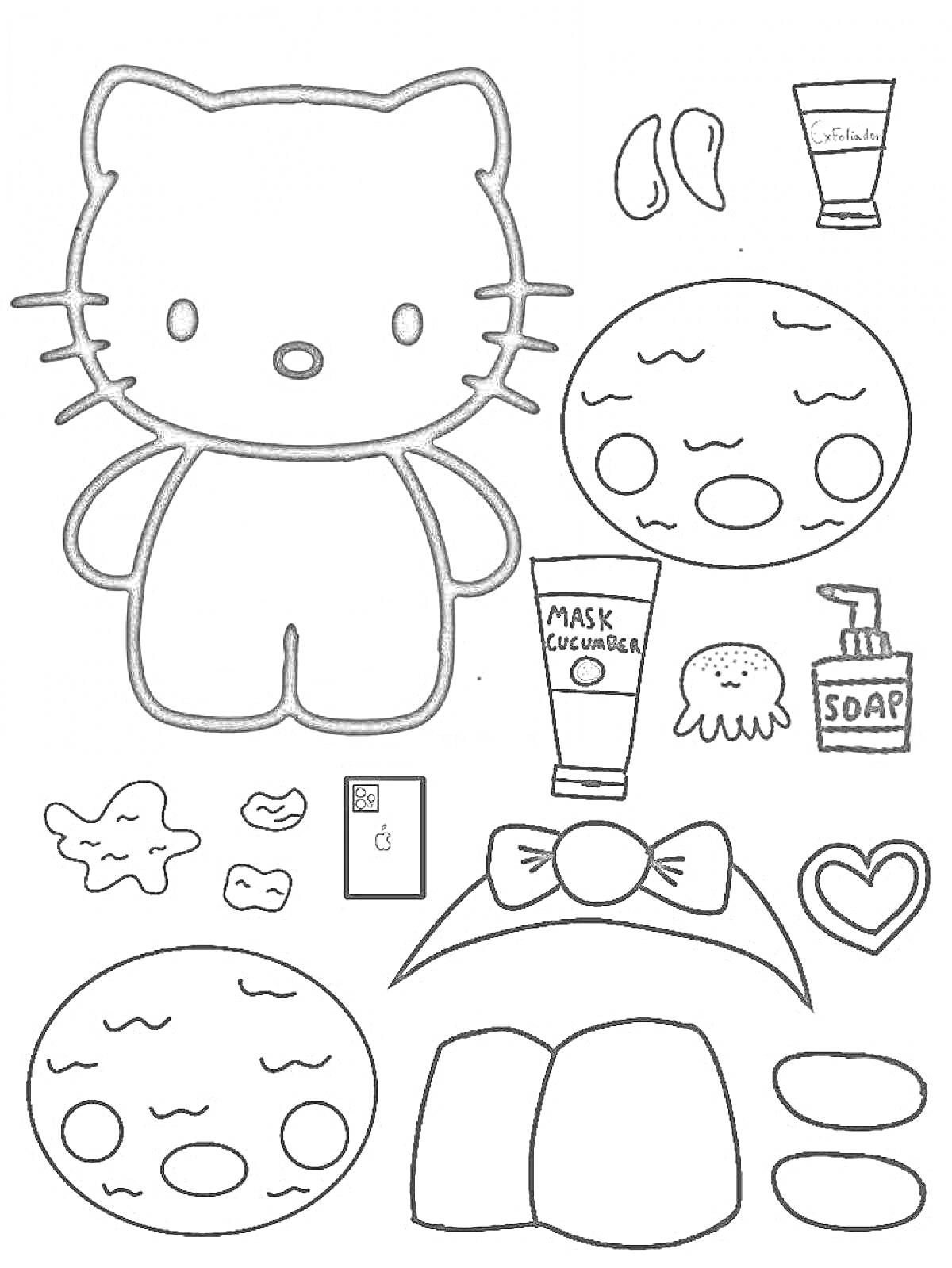 Раскраска Hello Kitty с косметическими принадлежностями и маской для лица, бантик, маска с огурцами, мыло, губка, сердечко, патчи, расческа, две маски для лица.
