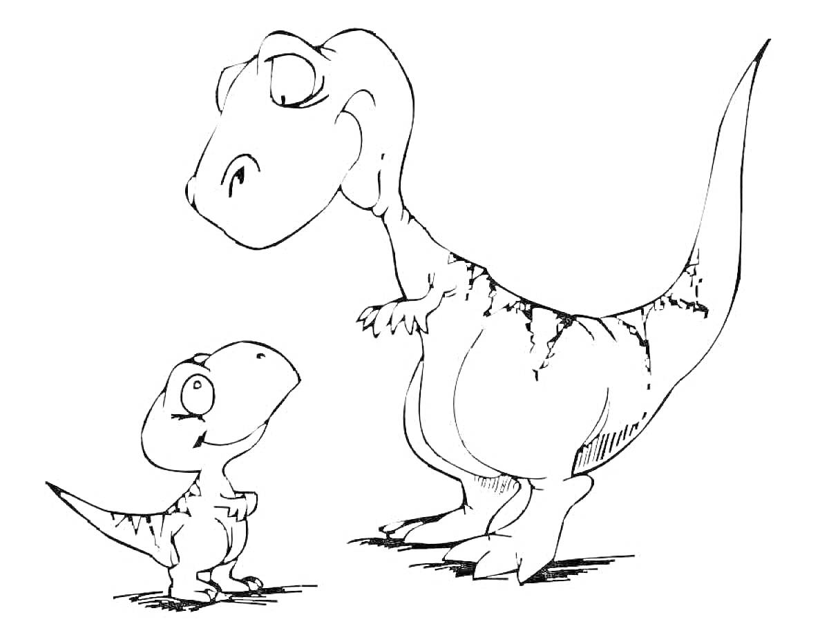 Раскраска Два динозаврика, взрослый и детёныш, стоящие друг напротив друга