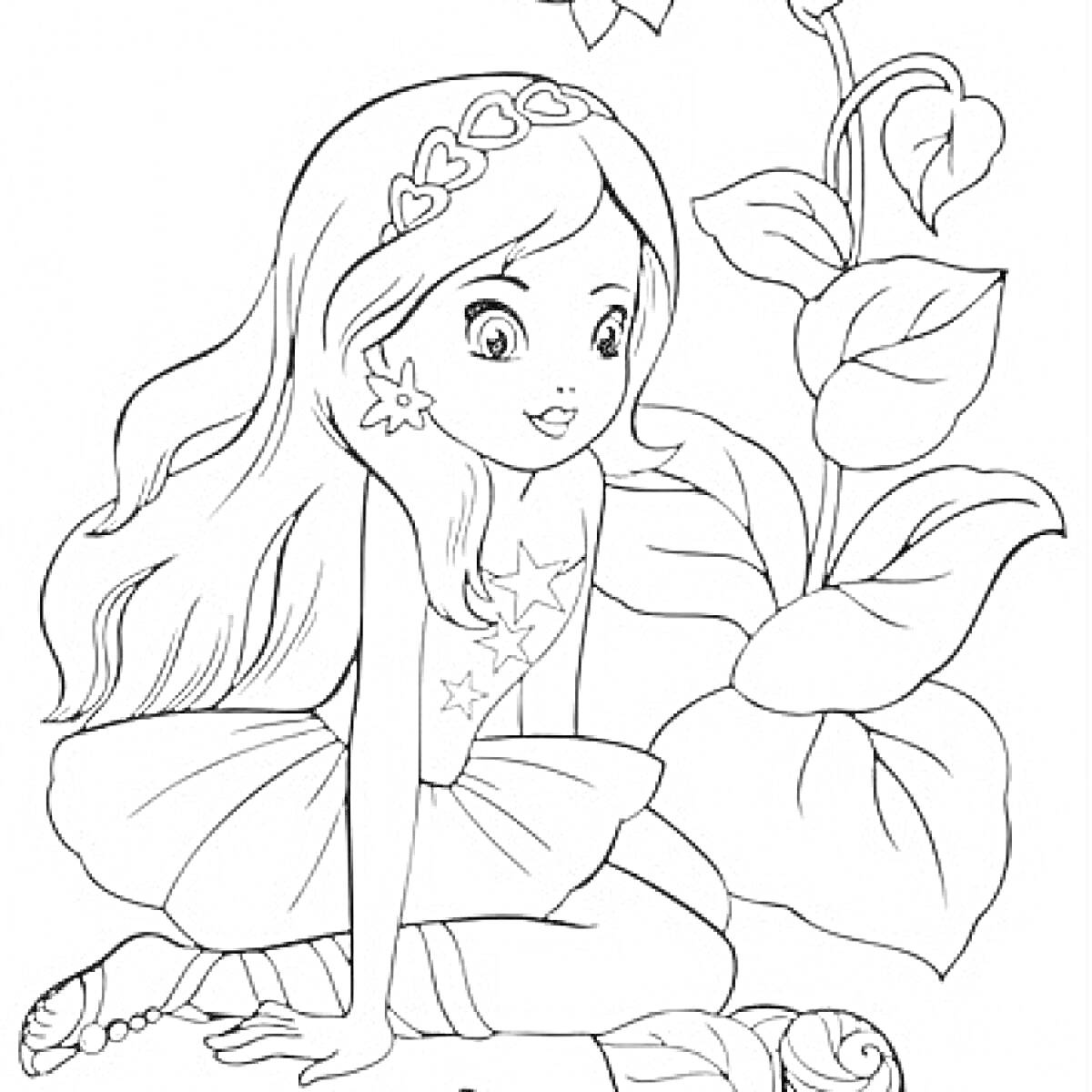 На раскраске изображено: Девочка, Длинные волосы, Платье, Звезды, Листья, Природа, Для детей