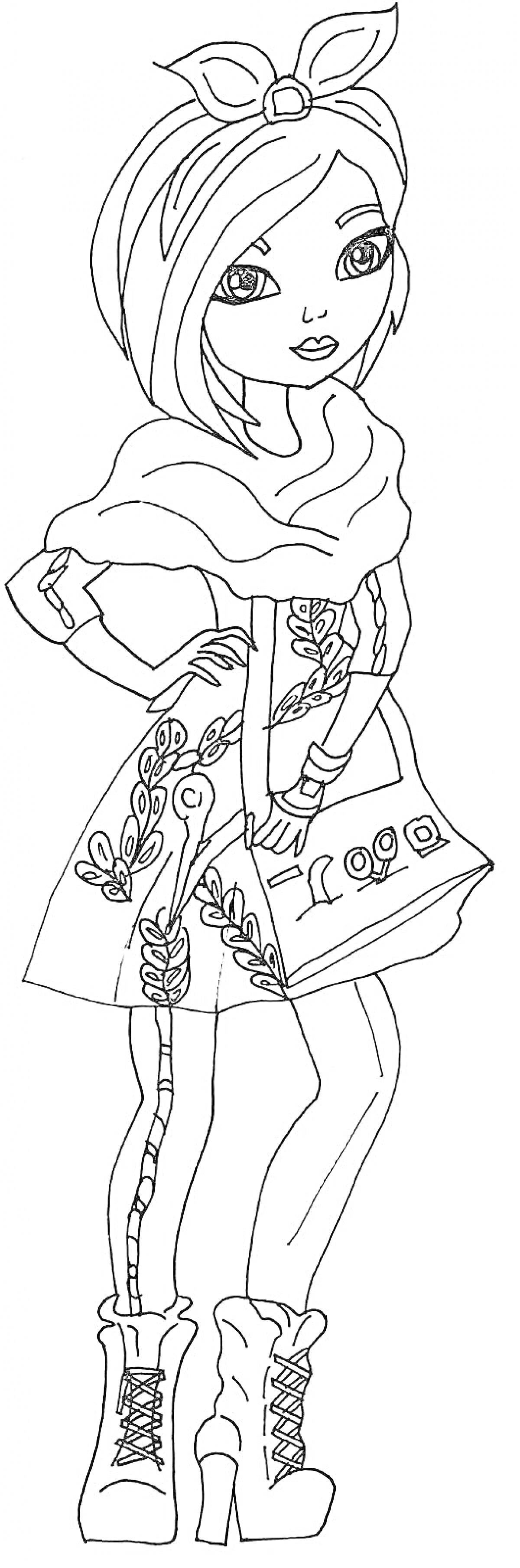 Раскраска Девочка с повязкой на голове, в платье с растительным узором и сумочкой с изображениями, в милых модных ботинках