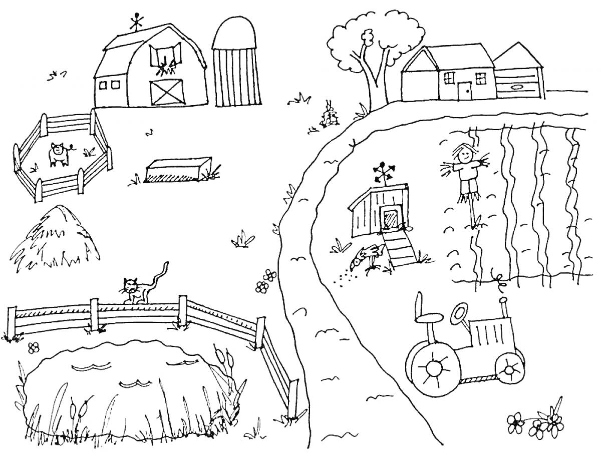 Раскраска Ферма с амбаром, силосной башней, домами, огородом, трактором, сараем, стогом сена, забором, деревом, кошкой, собакой, пугалом, утками, лошадью и птицей