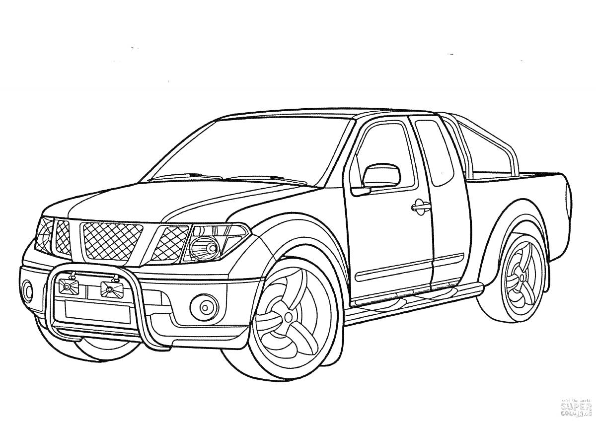 Раскраска Грузовой пикап с двойной кабиной, передним бампером и массивными шинами