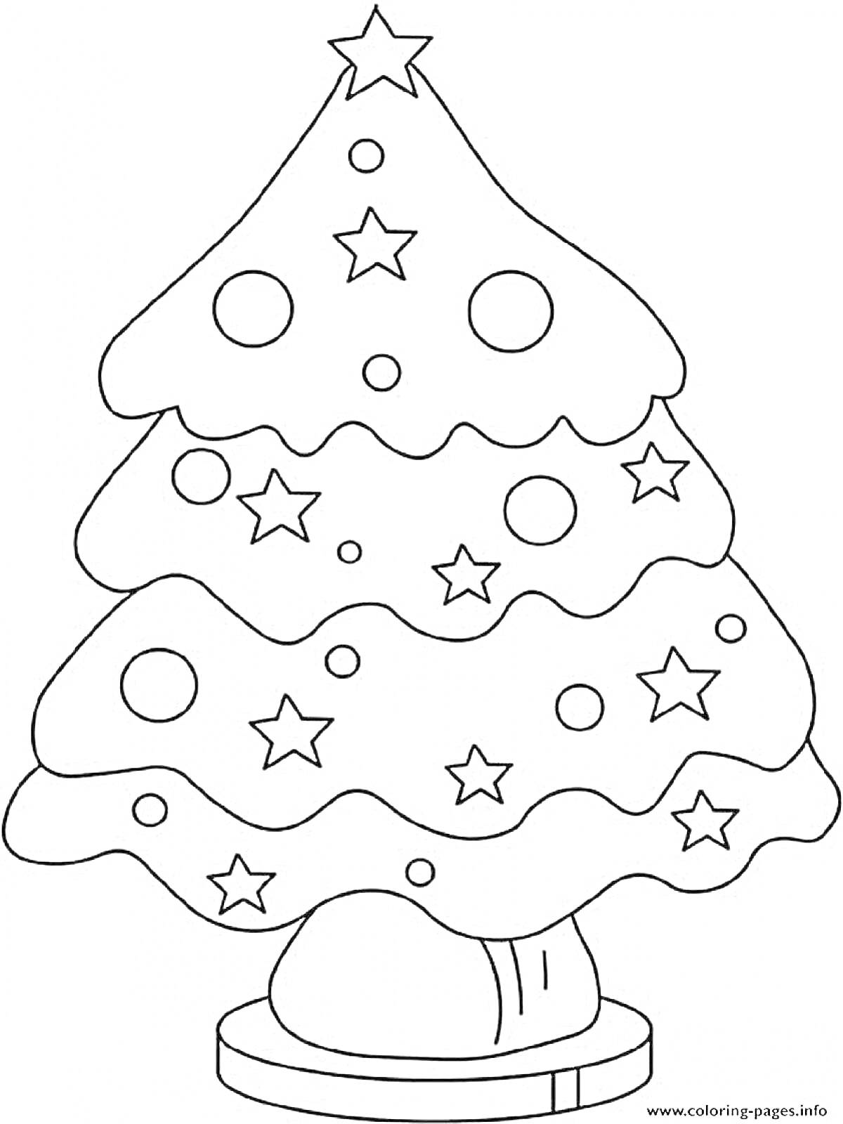 Раскраска Елочка с новогодними украшениями, звезды и шары