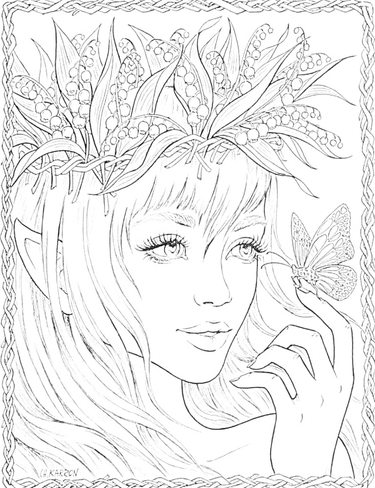 Раскраска Девушка с венком из листьев и ягод, бабочка на пальце