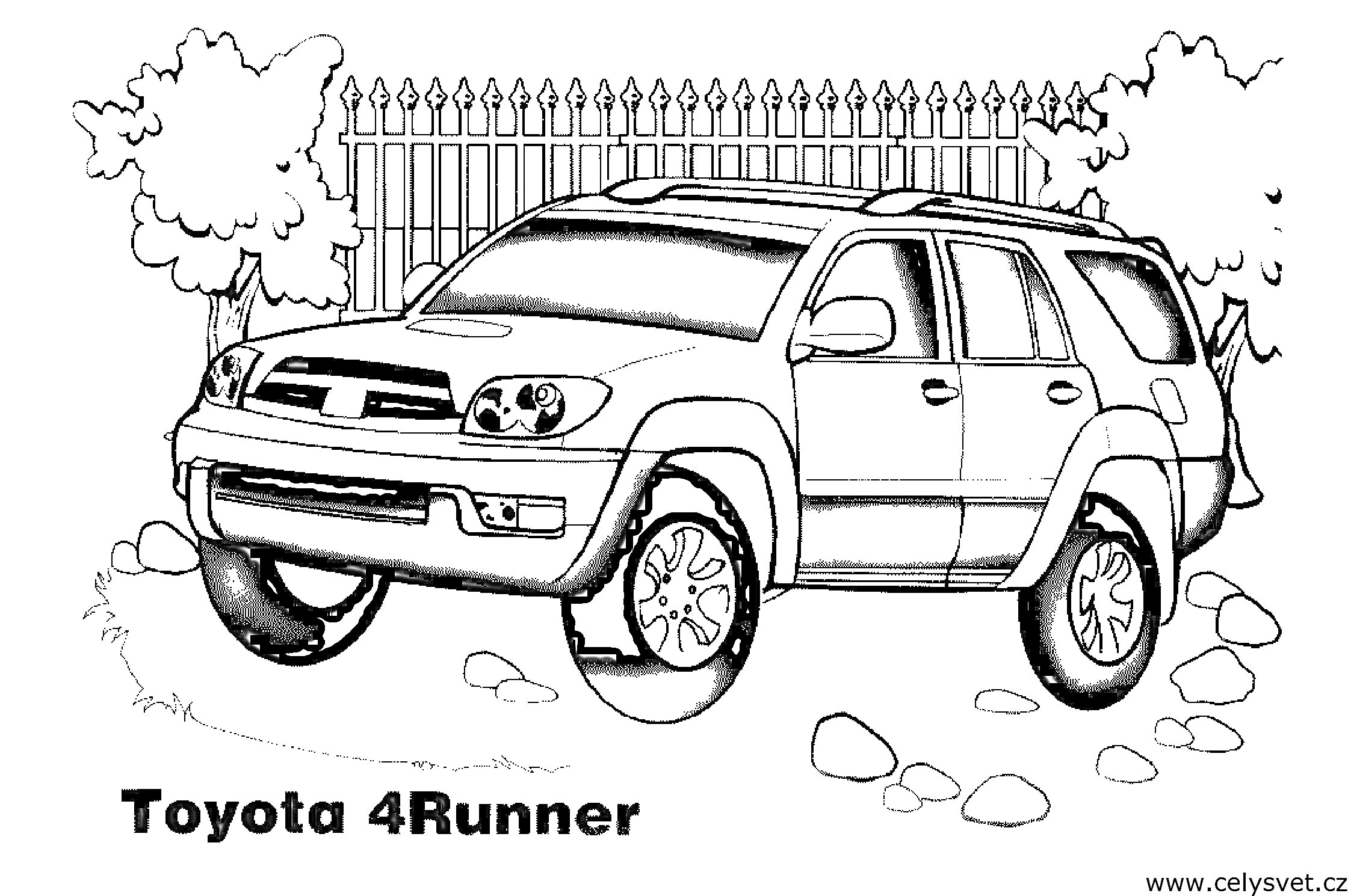 Раскраска Внедорожник Toyota 4Runner на фоне забора, деревьев и камней