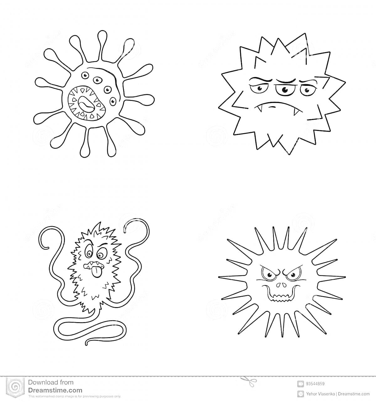 Раскраска Четыре микроба и бактерии с глазками и различными формами