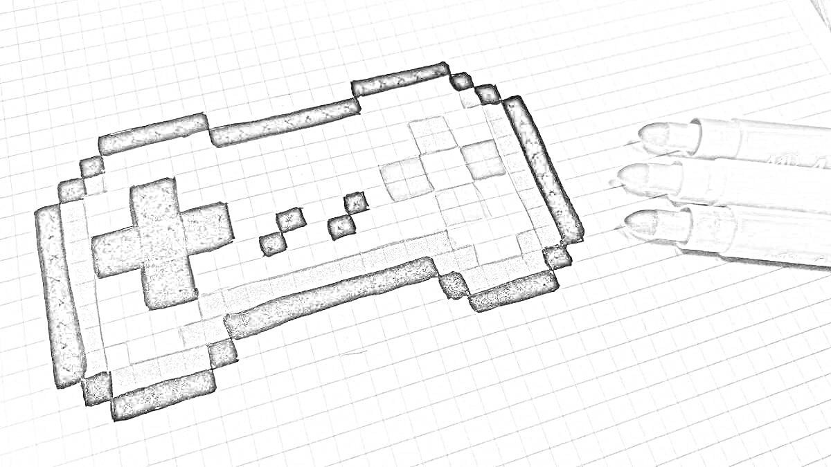 Раскраска Пиксельный рисунок геймпада на миллиметровой бумаге с ручками