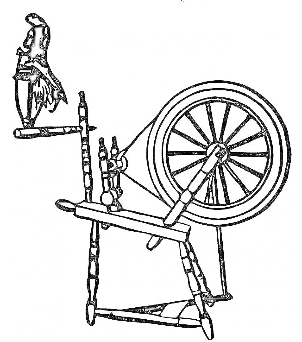 На раскраске изображено: Прялка, Инструмент, Ремесло, Текстиль, Колеса