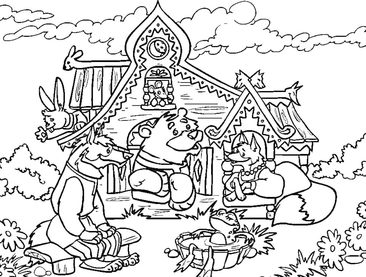 На раскраске изображено: Теремок, Медведь, Лиса, Волк, Заяц, Дом, Животные, Природа
