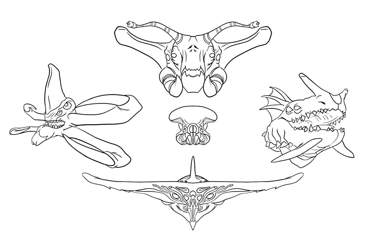 На раскраске изображено: Подводные животные, Скат, Медуза, Рыба, Морская жизнь, Подводный мир