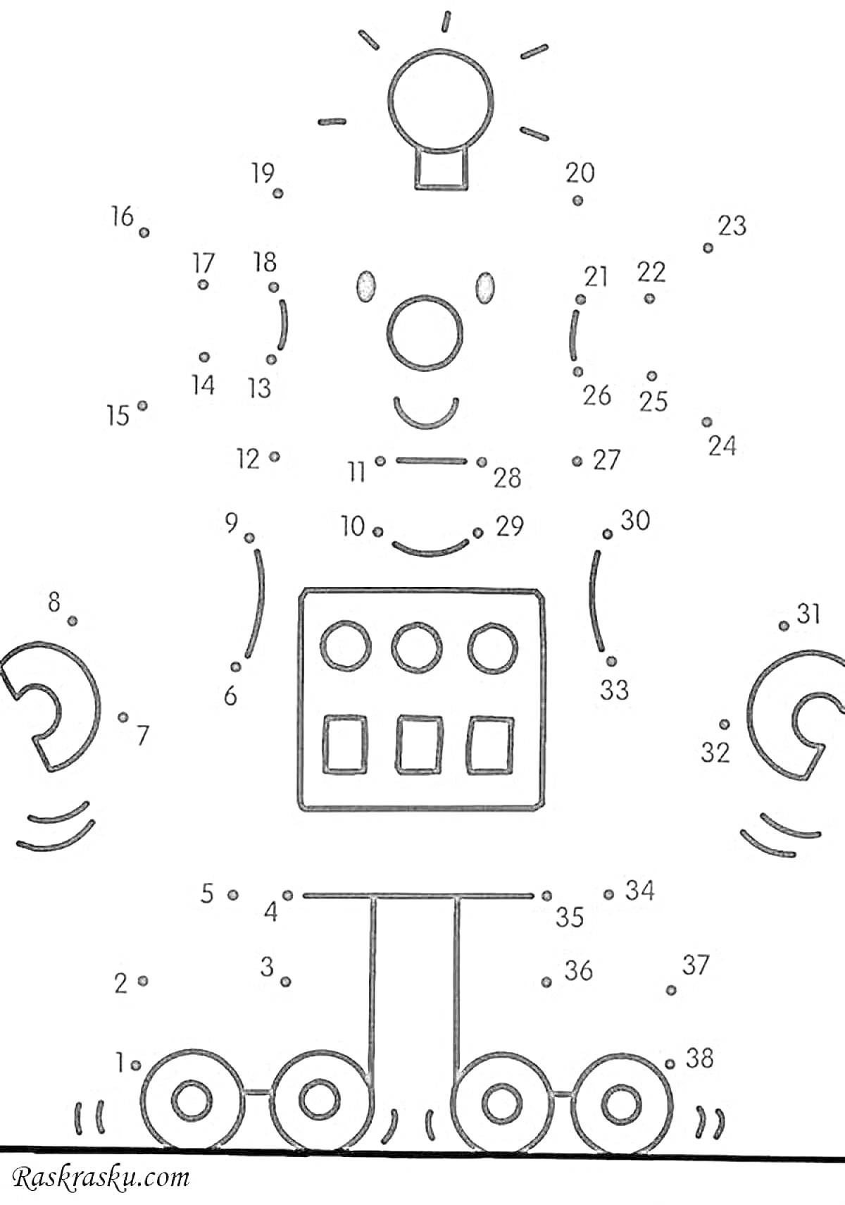 Раскраска Робот по цифрам с лампочкой на голове, двумя руками, туловищем с кнопками, и ногами на четырех колесах