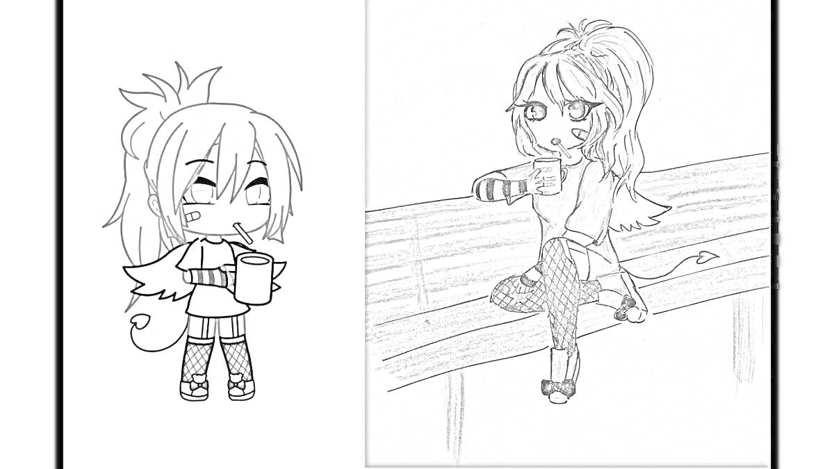 Раскраска Девушка с крыльями, пьющая кофе (на одной картинке стоит с чашкой, на другой сидит на лавке с крыльями)