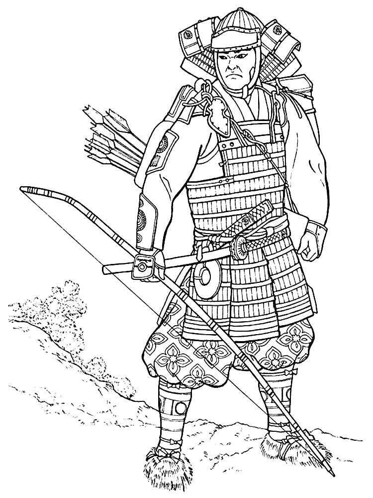 Раскраска Самурай с луком и колчаном на фоне природы