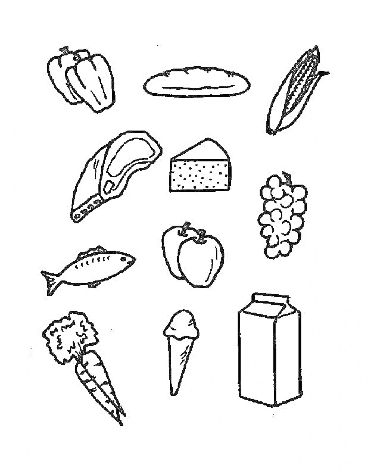 Раскраска Перец, батон, кукуруза, мясо, сыр, виноград, рыба, яблоки, морковь, мороженое, молоко
