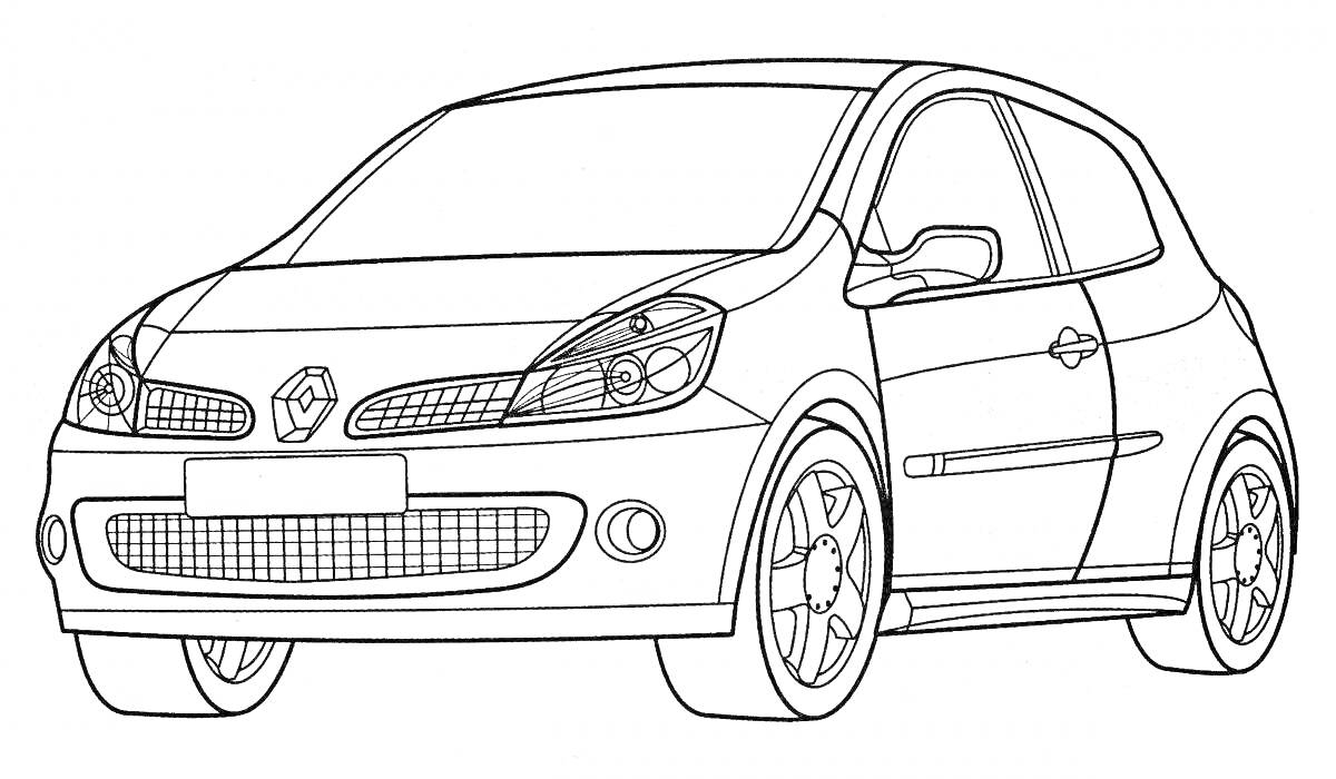 Раскраска Чертеж автомобиля с фарами, передним бампером, зеркалами заднего вида и колесами