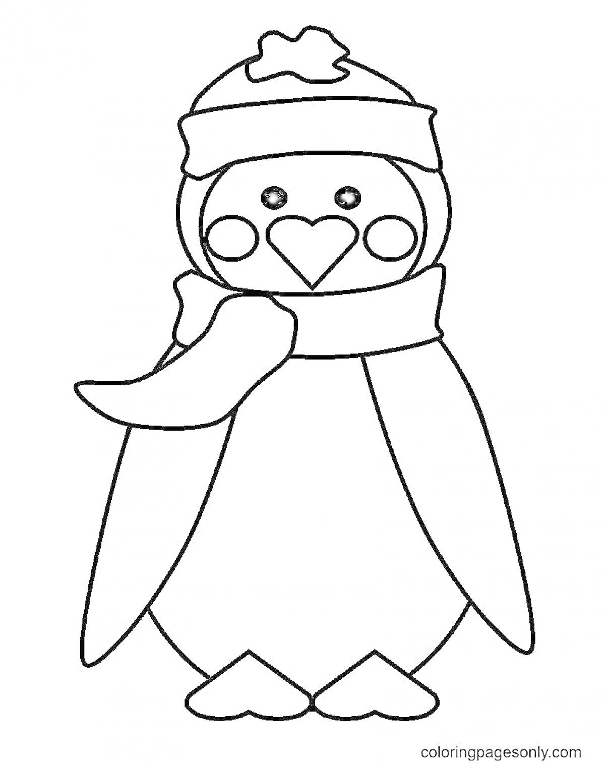 Раскраска Пингвин в шапке и шарфе с сердечком на животе