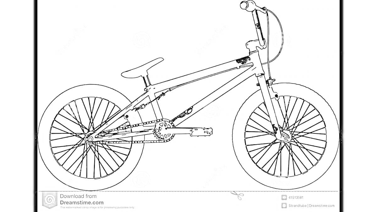 На раскраске изображено: Велосипед, BMX, Рама, Руль, Колёса, Педали, Цепь, Спорт