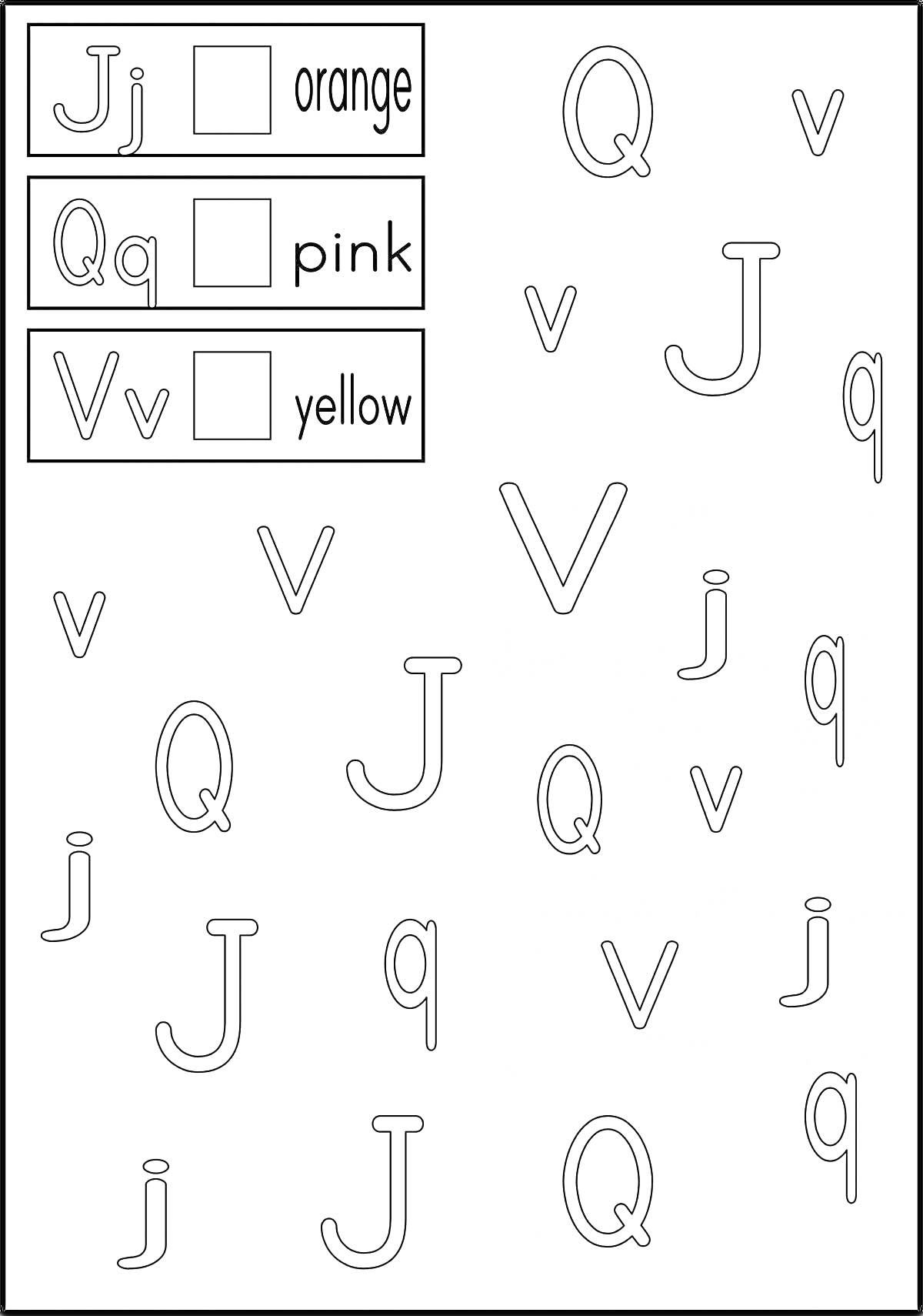 Раскраска с буквами Jj, Qq, Vv