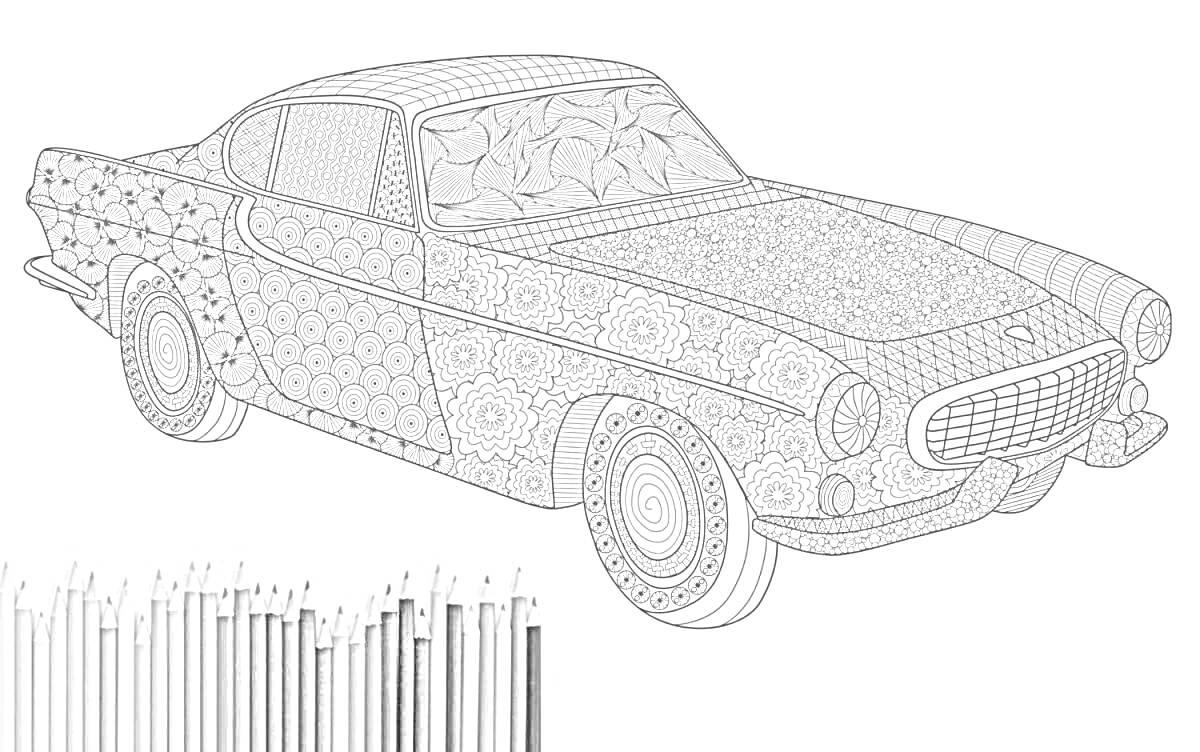Раскраска Ретро автомобиль, украшенный геометрическими узорами и цветами, с набором цветных карандашей