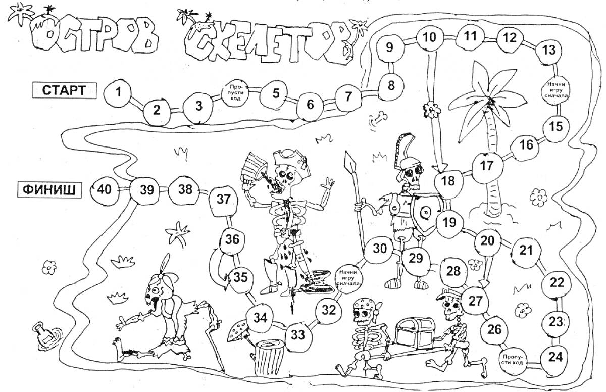 Раскраска Остров скелетов (игровое поле-ходилка с числами от 1 до 40, скелеты, пальма, сундук с сокровищами, фонтан, повар с котлом, скелеты с оружием, ходилка-лабиринт)
