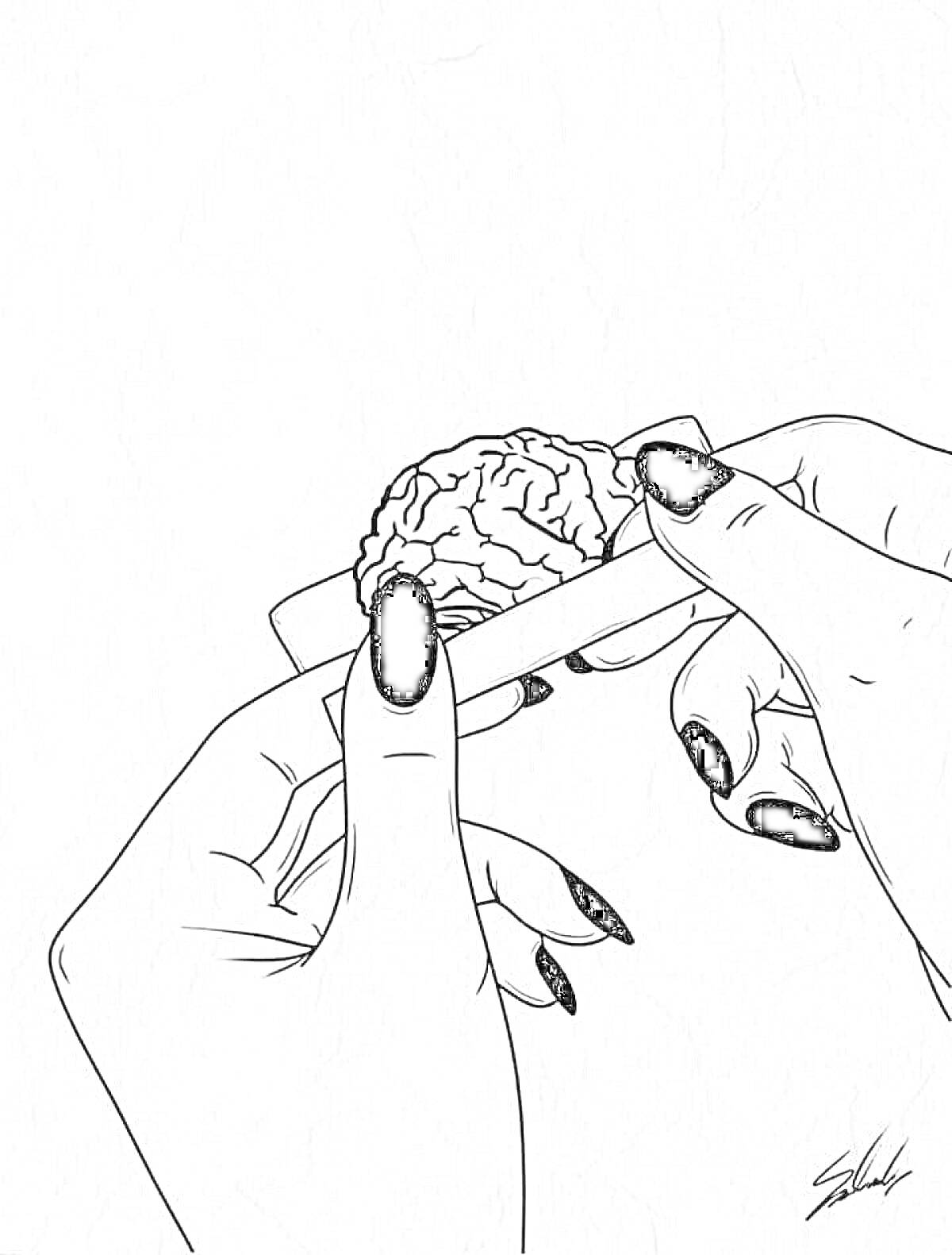 Раскраска руки с черным маникюром, сворачивающие мозг в бумагу