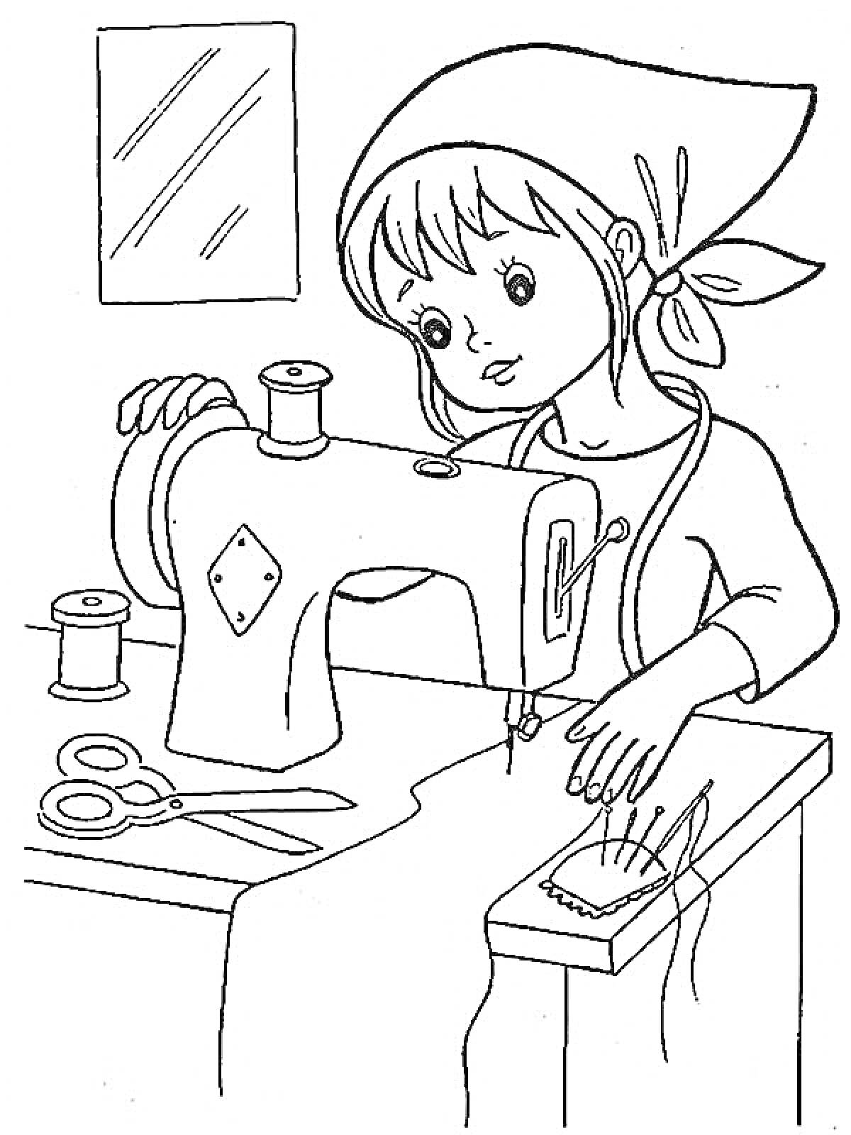 Раскраска Девочка за швейной машинкой, с катушками ниток, иголками, ножницами и тканью