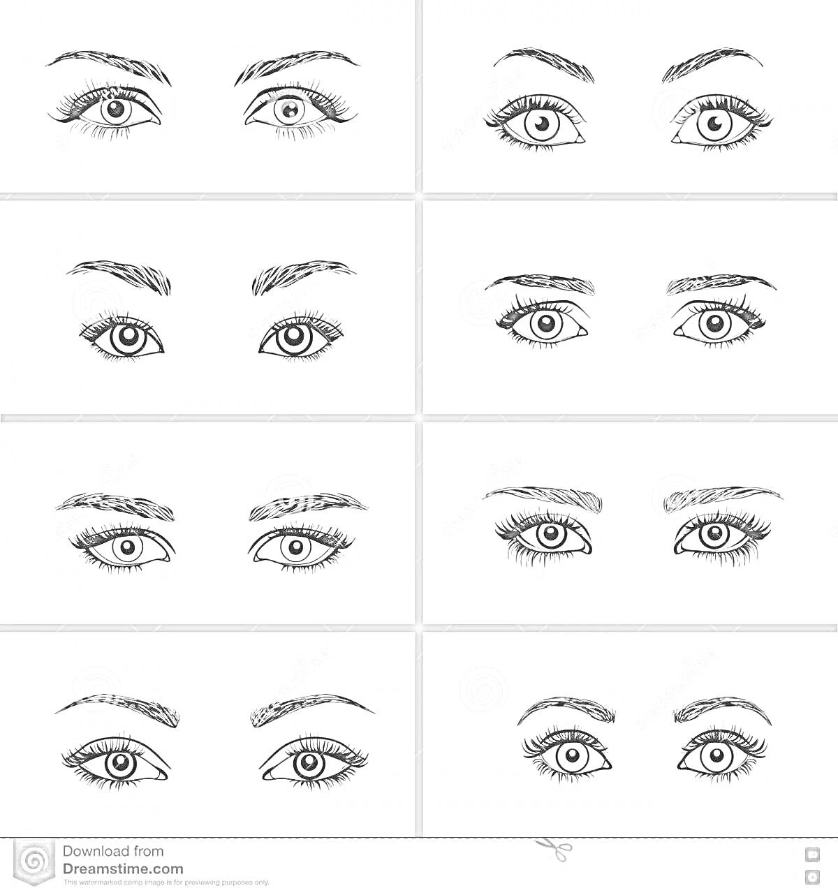 Раскраска Восемь различных стилей макияжа для глаз, включающие оформление бровей, формы ресниц и подводки глаз