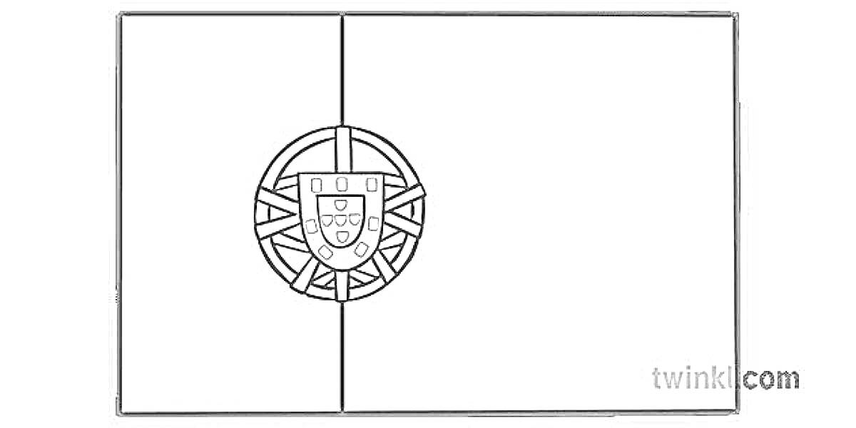 Раскраска Раскраска флага Португалии с гербом посередине и вертикальной линией делящей флаг
